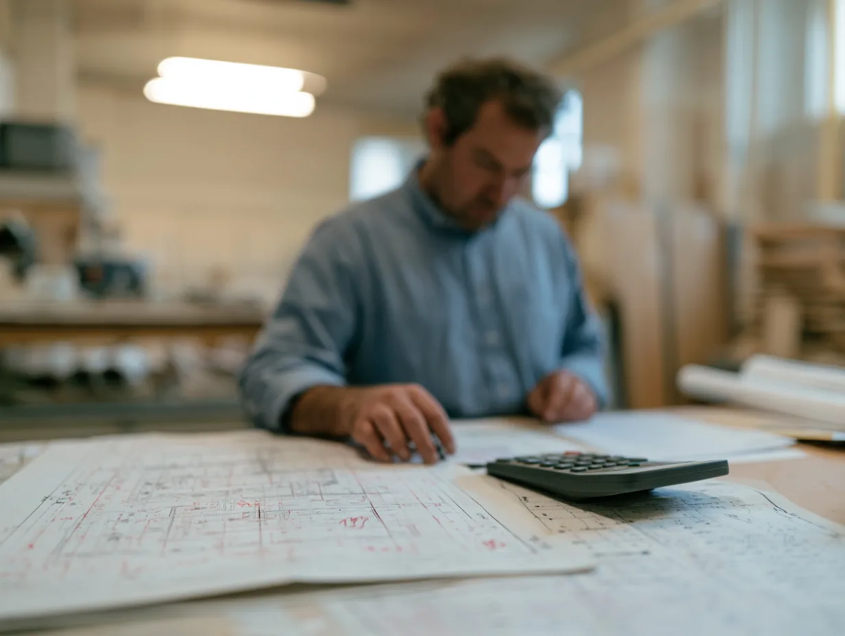 Estimator reviewing framing plans for a takeoff